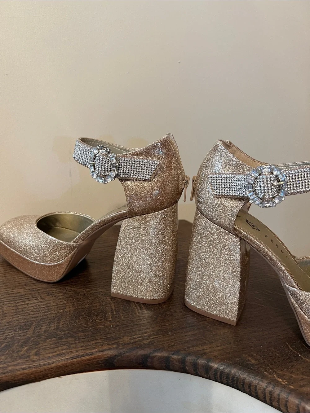 Katy Perry Collections Rose Gold Glitter Platform Mary Jane with Crystal Buckle